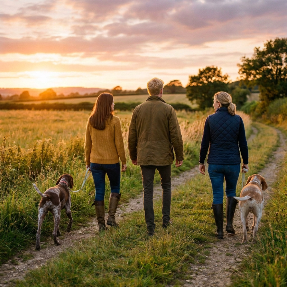 Three adults walking dogs on a grassy path during sunset